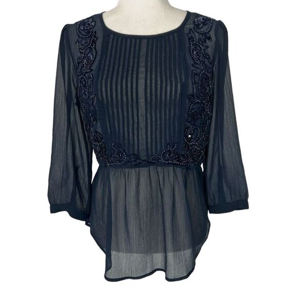 Anthropologie Maeve Helene Blouse in Navy Size Small 4 w Embellished Sequin Pepl - Picture 1 of 12